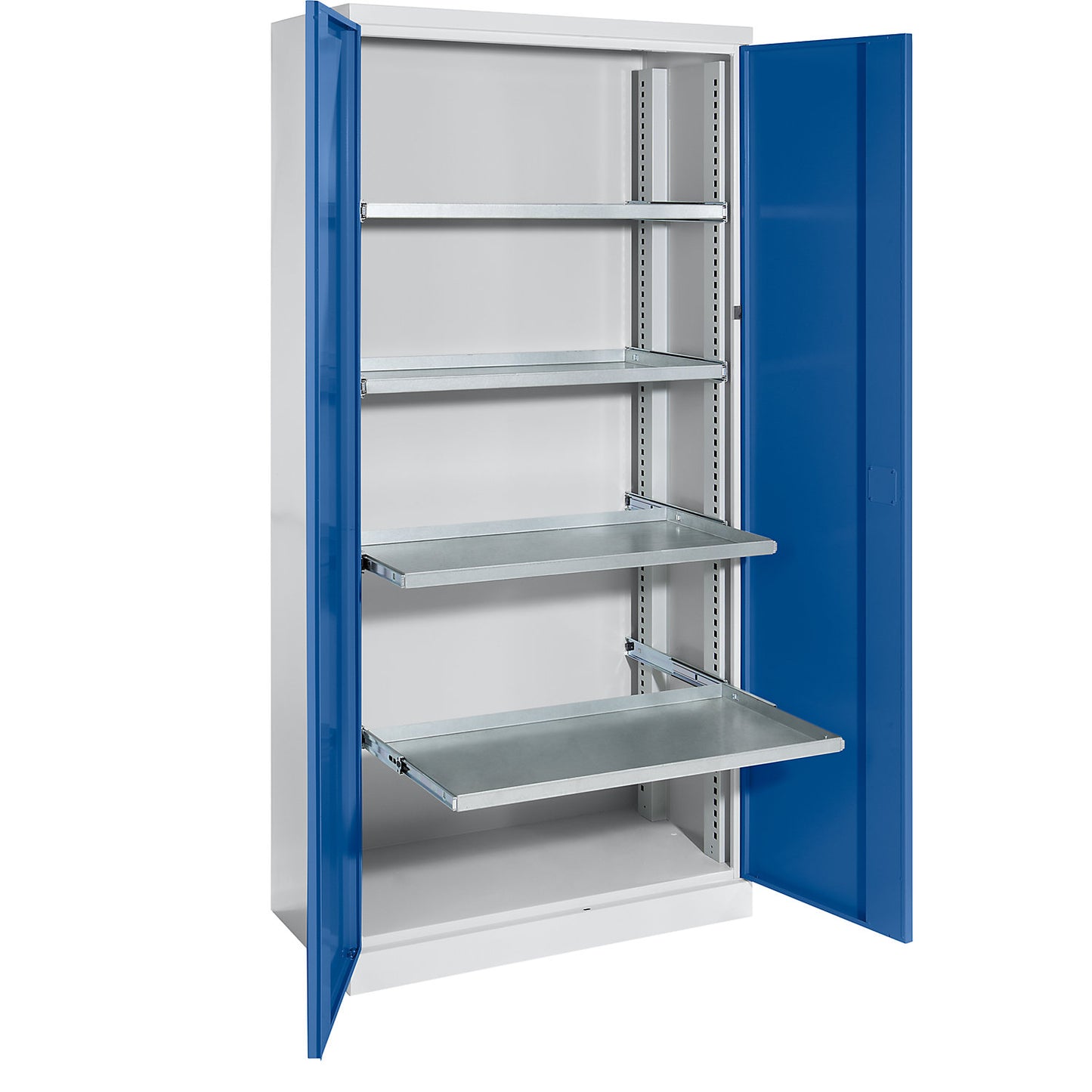 Storage cupboard, width 950 mm, 4 pull-out shelves, gentian blue door.