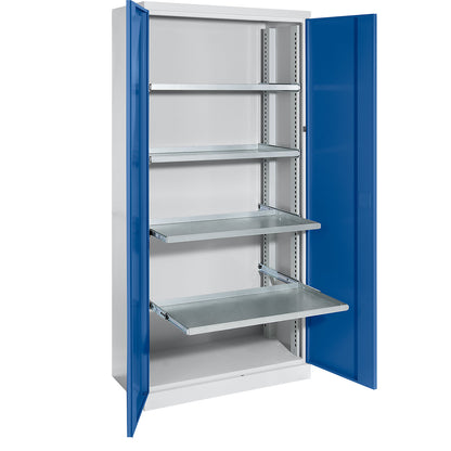 Storage cupboard, width 950 mm, 4 pull-out shelves, gentian blue door.