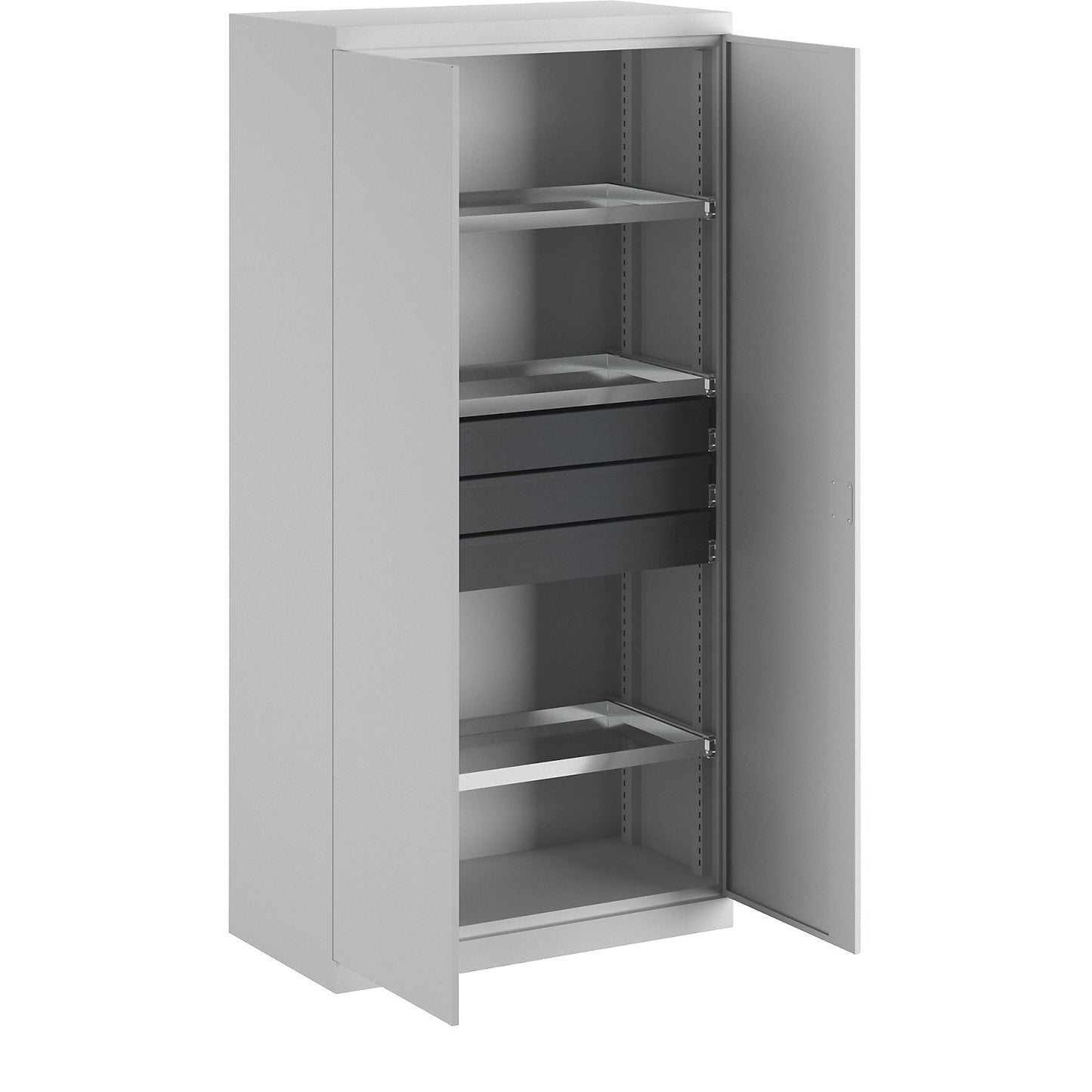 Storage cupboard, width 950 mm, 3 pull-out shelves, 3 drawers, light grey door.