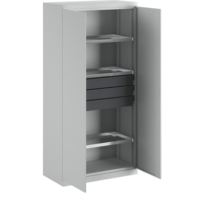 Storage cupboard, width 950 mm, 3 pull-out shelves, 3 drawers, light grey door.