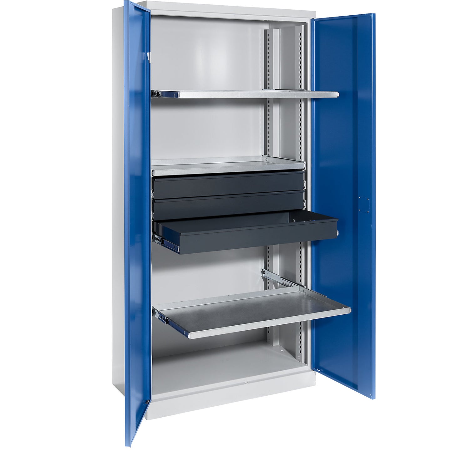 Storage cupboard, width 950 mm, 3 pull-out shelves, 3 drawers, gentian blue door.