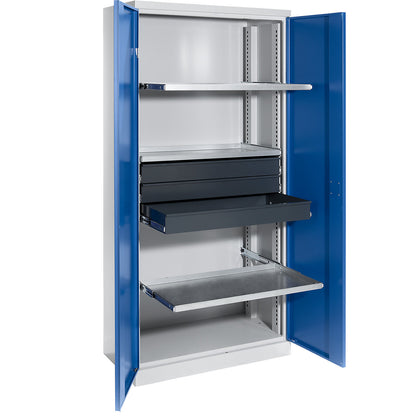Storage cupboard, width 950 mm, 3 pull-out shelves, 3 drawers, gentian blue door.