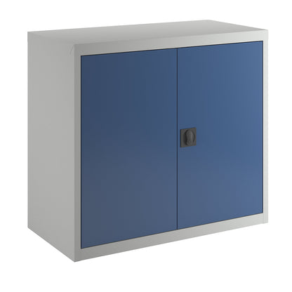 Double door cupboard, with solid panel doors, 2 shelves, light grey / gentian blue.