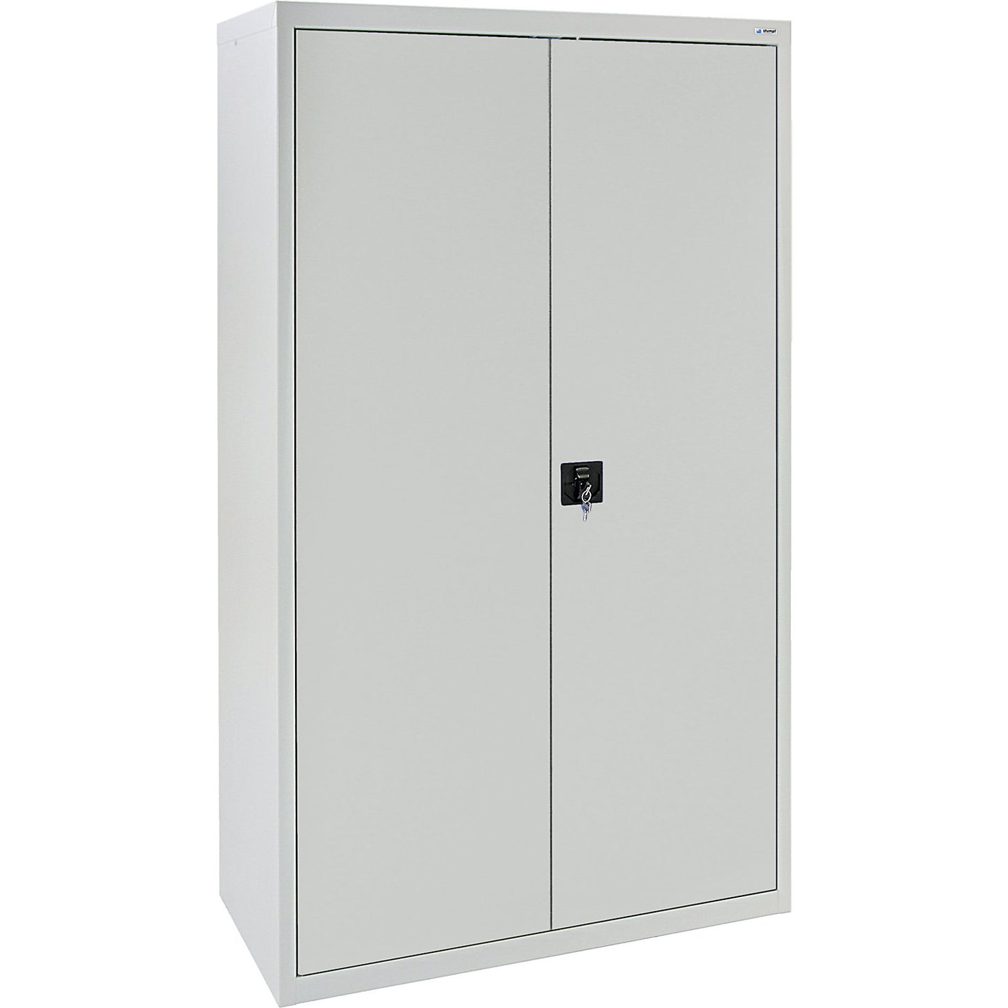 Double door cupboard, with solid panel doors, 4 shelves, light grey.
