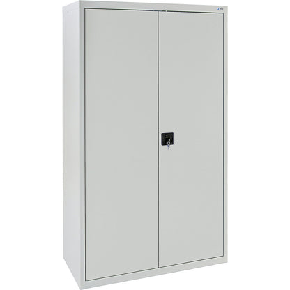 Double door cupboard, with solid panel doors, 4 shelves, light grey.