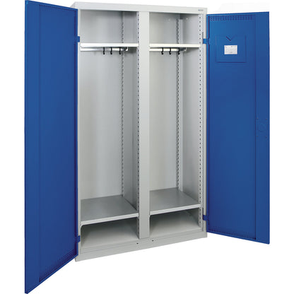 Cloakroom locker, 1 centre partition, 4 shelves, light grey / gentian blue.