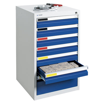 Drawer cupboard, width 500 mm, 7 drawers, light grey / gentian blue.
