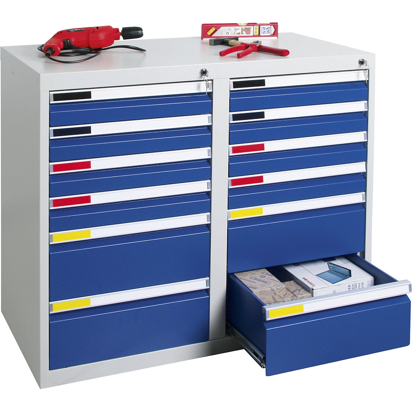 Drawer cupboard, width 1000 mm, 12 drawers, light grey / gentian blue.