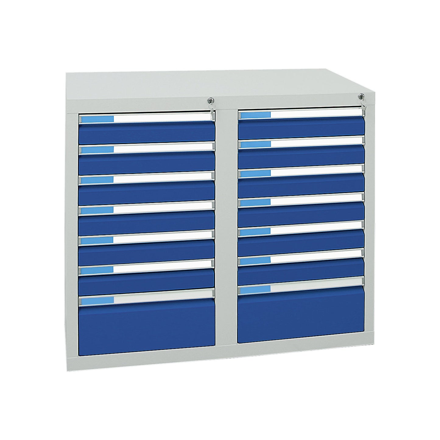 Drawer cupboard, width 1000 mm, 14 drawers, light grey / gentian blue.
