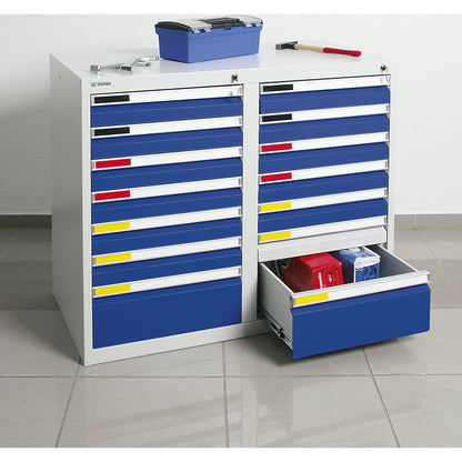 Drawer cupboard, width 1000 mm, 14 drawers, light grey / gentian blue.