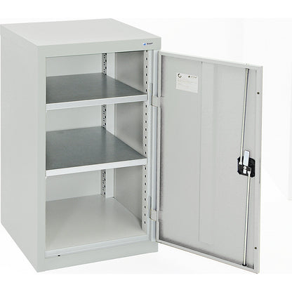 Double door cupboard, with solid panel door, 2 shelves, light grey.