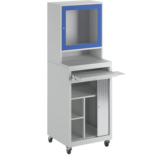 Computer roller shutter cupboard, for monitors up to 20'', mobile, light grey / gentian blue.