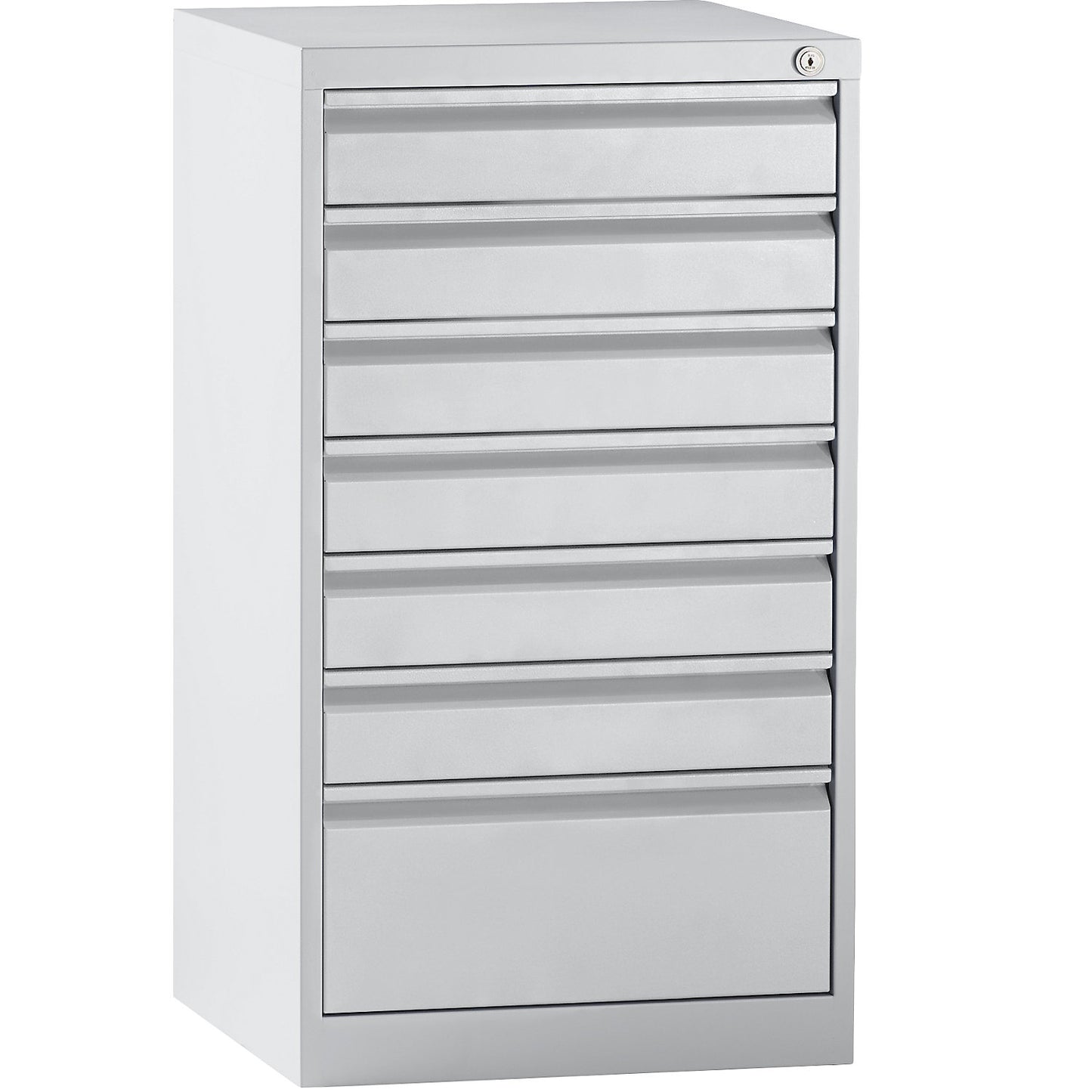 Drawer cupboard, steel, HxWxD 900 x 500 x 500 mm, 7 drawers, light grey drawers.