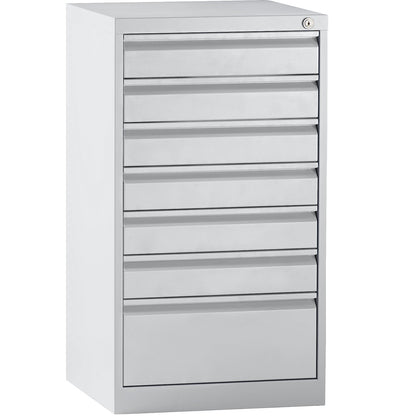 Drawer cupboard, steel, HxWxD 900 x 500 x 500 mm, 7 drawers, light grey drawers.