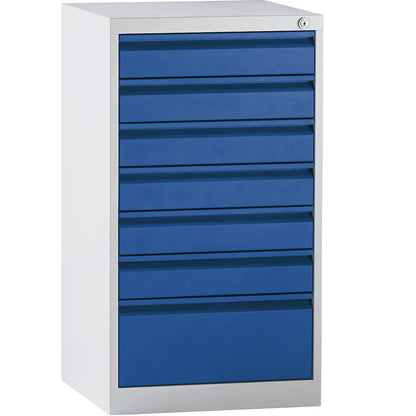 Drawer cupboard, steel, HxWxD 900 x 500 x 500 mm, 7 drawers, gentian blue drawers.