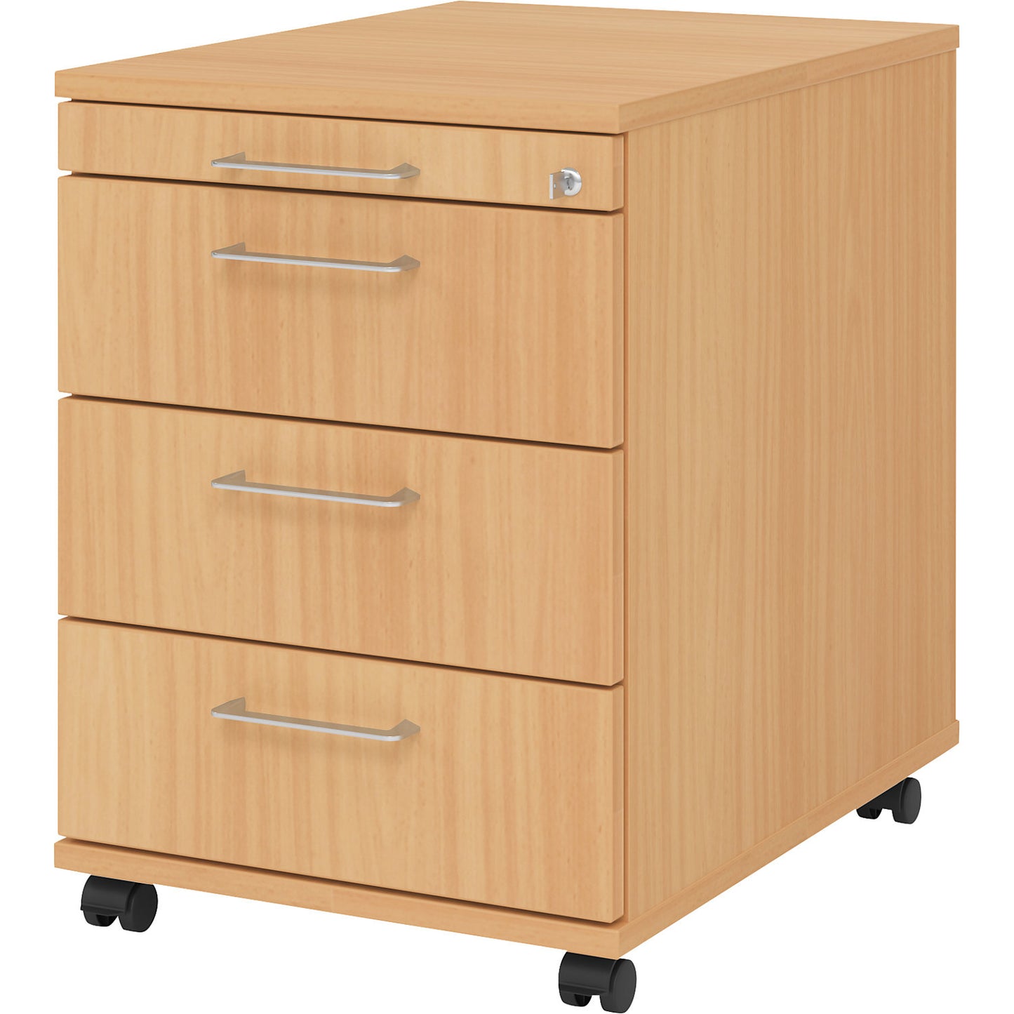 Mobile pedestal, 1 utensil drawer, 3 drawers, depth 580 mm, beech finish.