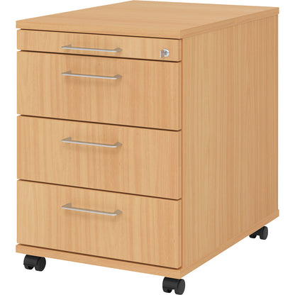 Mobile pedestal, 1 utensil drawer, 3 drawers, depth 580 mm, beech finish.