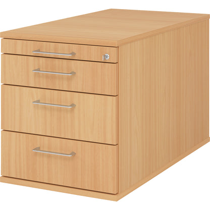 Mobile pedestal, 1 utensil drawer, 3 drawers, depth 800 mm, beech finish.