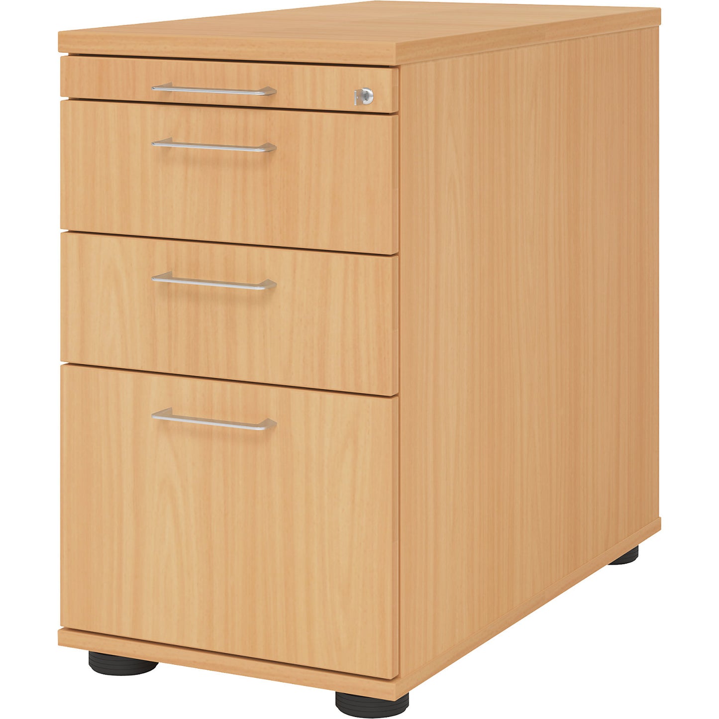 Fixed pedestal, 1 utensil drawer, 2 drawers, 1 suspension file drawer, beech finish.
