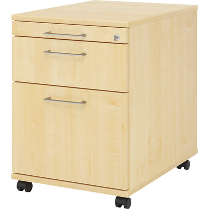Mobile pedestal, 1 utensil drawer, 1 drawer, 1 file suspension drawer, depth 580 mm, maple finish.
