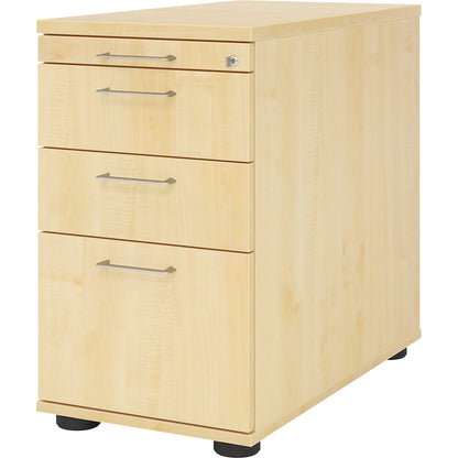 Fixed pedestal, 1 utensil drawer, 2 drawers, 1 suspension file drawer, maple finish.