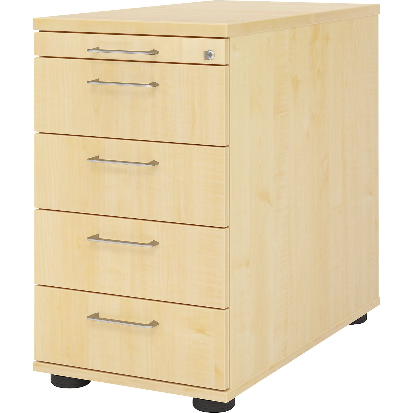Fixed pedestal, 1 utensil drawer, 4 drawers, maple finish.