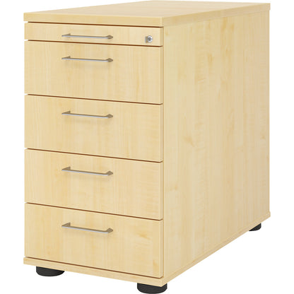 Fixed pedestal, 1 utensil drawer, 4 drawers, maple finish.