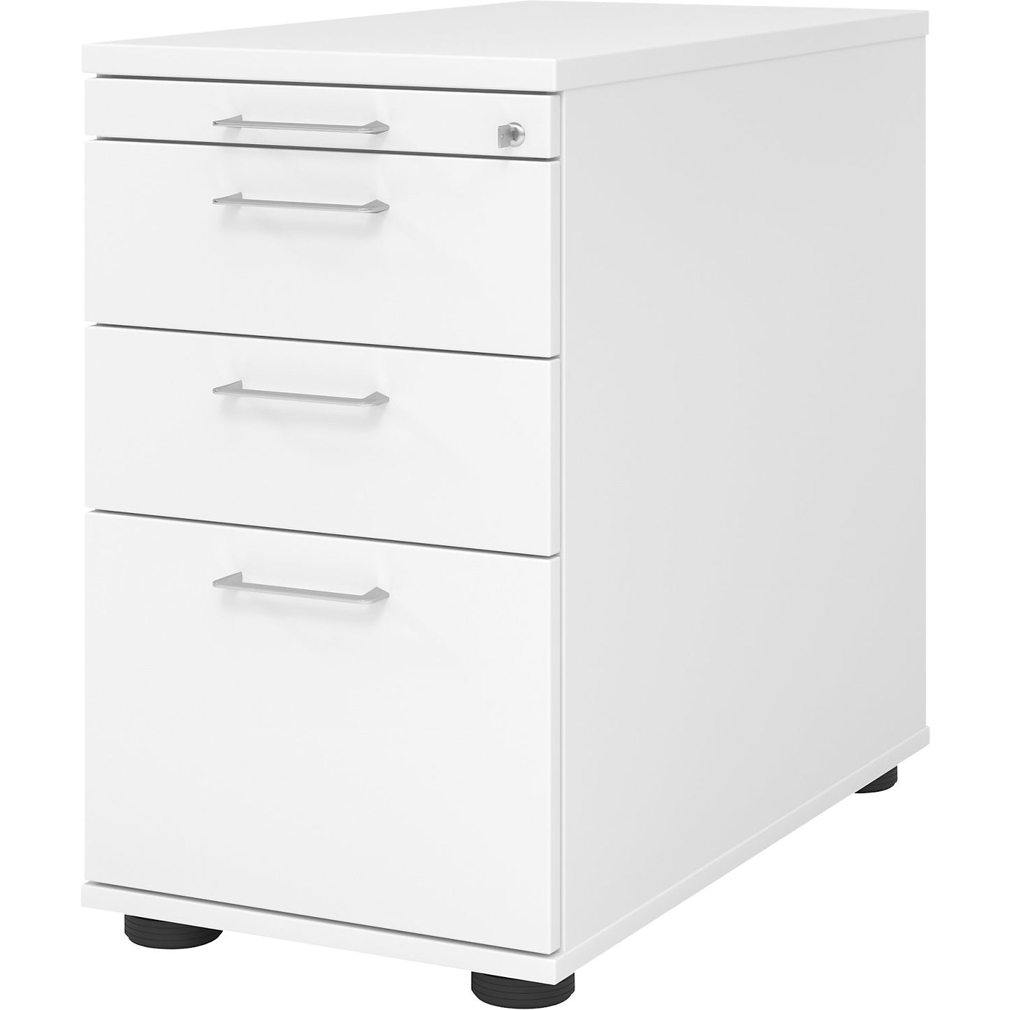 Fixed pedestal, 1 utensil drawer, 2 drawers, 1 suspension file drawer, white.