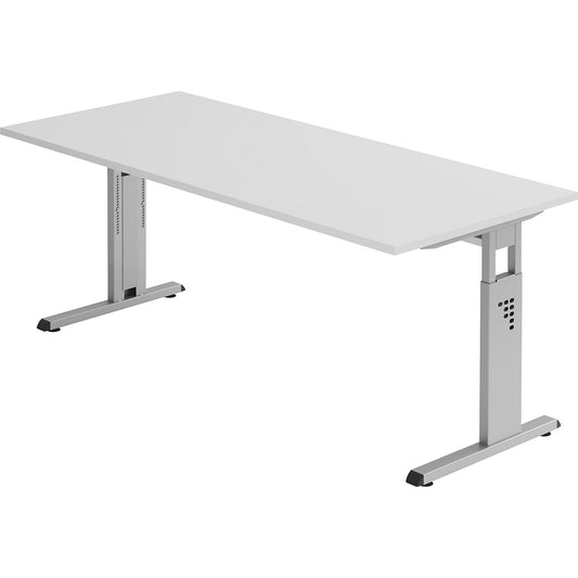 Desk with C-foot frame, height adjustable 680 - 760 mm, depth 800 mm, width 1800 mm, light grey.