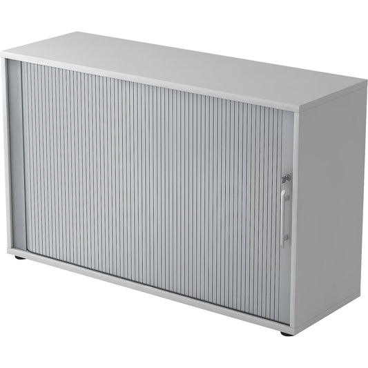 Roller shutter cupboard, 2 shelves each, 1 partition, light grey.