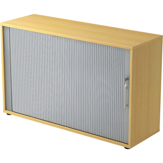 Roller shutter cupboard, 2 shelves each, 1 partition, beech finish.