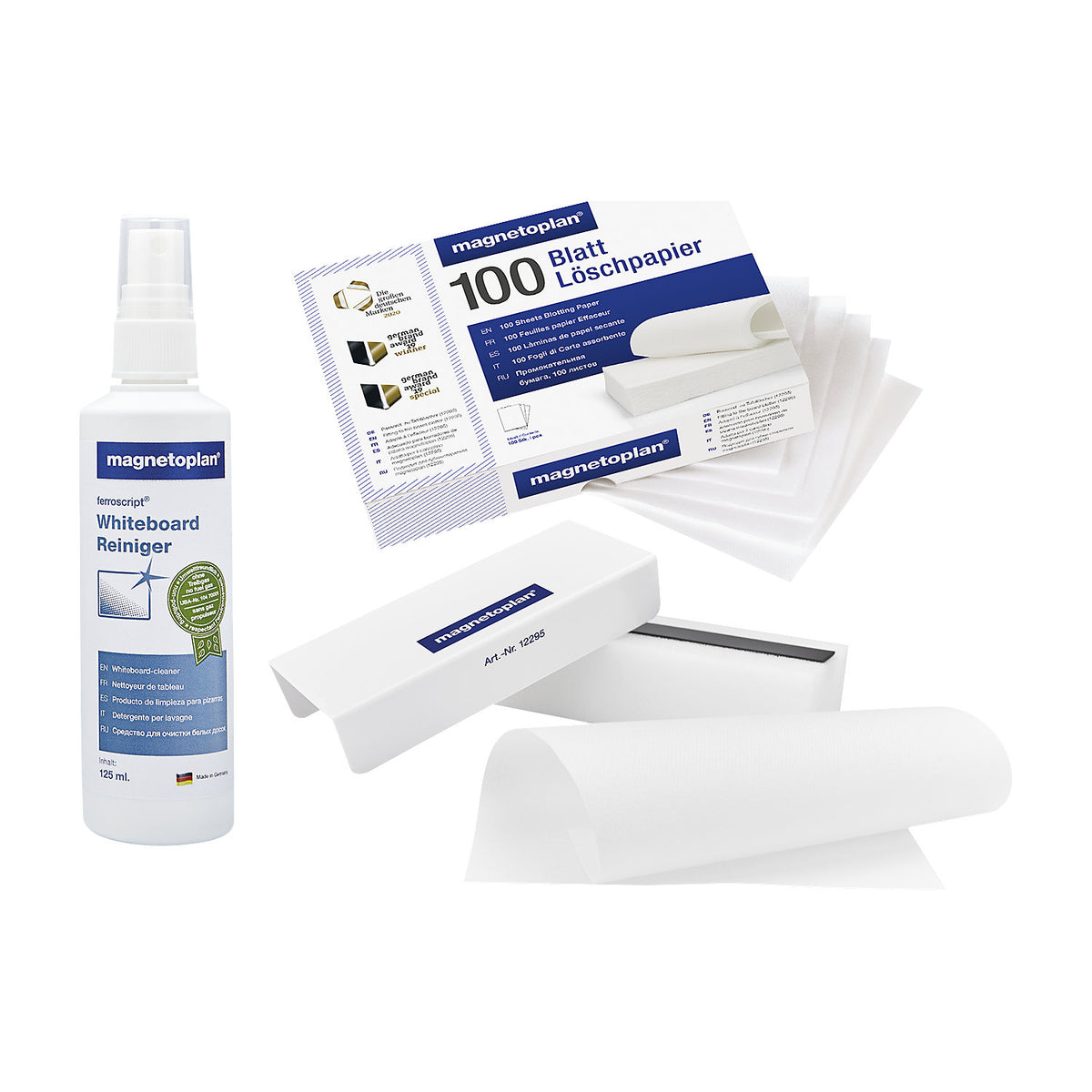 Cleaning set, for whiteboards, eraser, blotting paper, board cleaner.