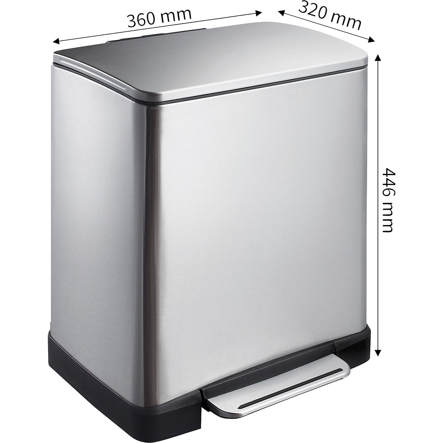 Stainless steel waste collector with pedal, rectangular, capacity 20 l, non-fingerprint finish.