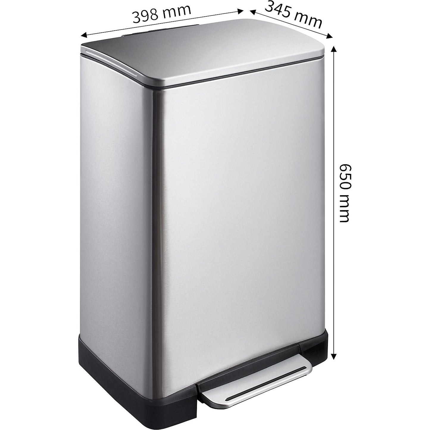 Stainless steel waste collector with pedal, rectangular, capacity 40 l, non-fingerprint finish.