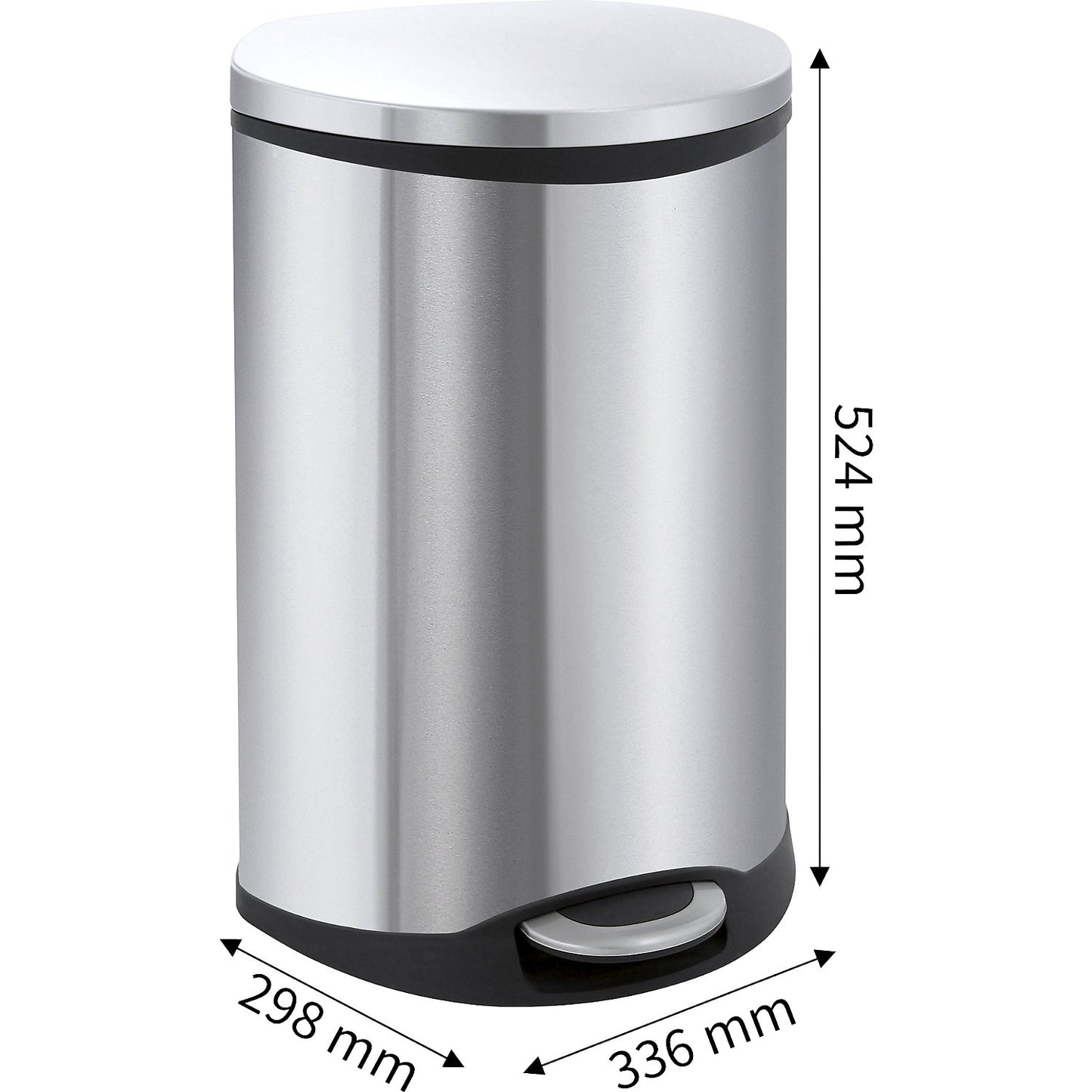 Waste collector with pedal, shell shape, capacity 18 l, HxWxD 524 x 298 x 336 mm, stainless steel body.