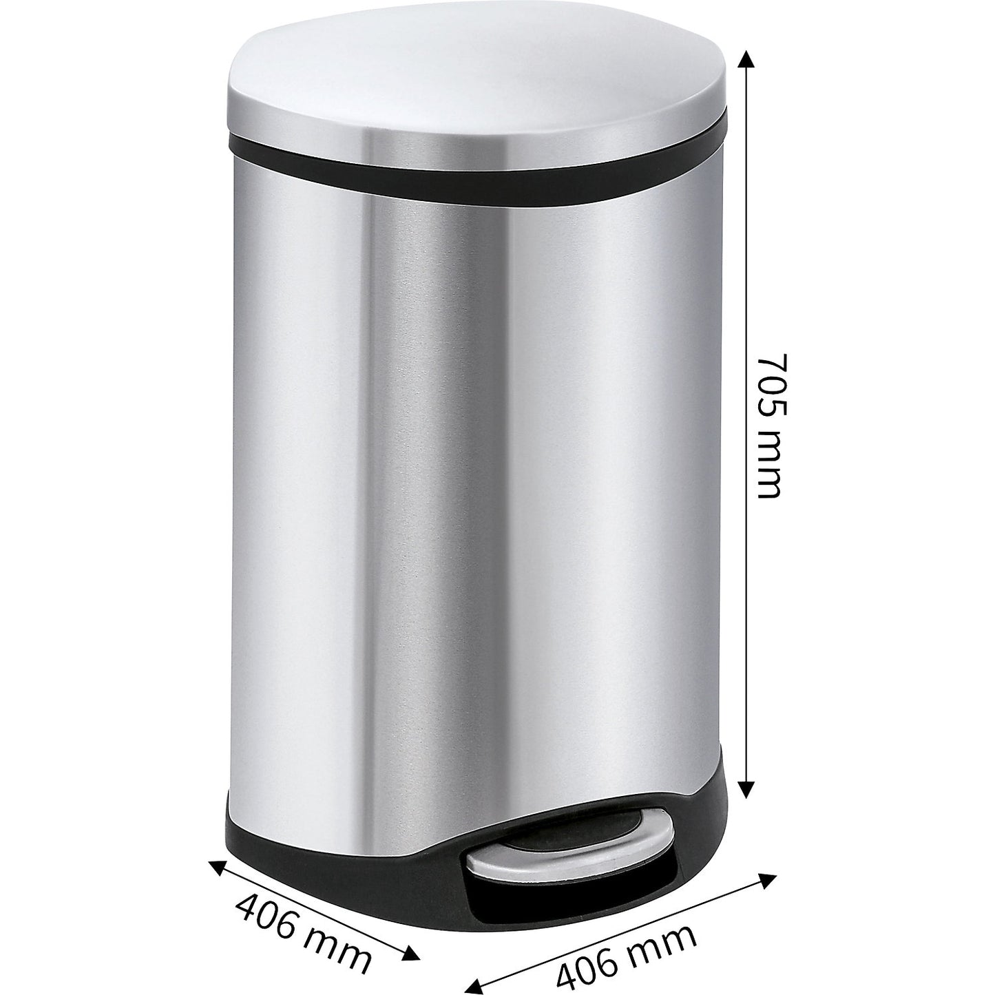 Waste collector with pedal, shell shape, capacity 50 l, HxWxD 705 x 406 x 406 mm, stainless steel body.