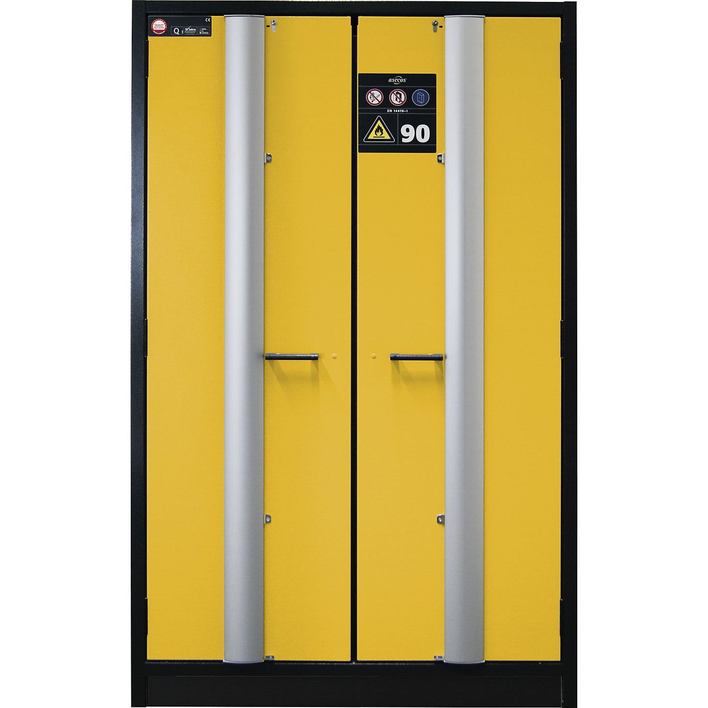 Fire resistant cupboard with folding doors for hazardous goods type 90, with 4 drawers, door colour yellow.