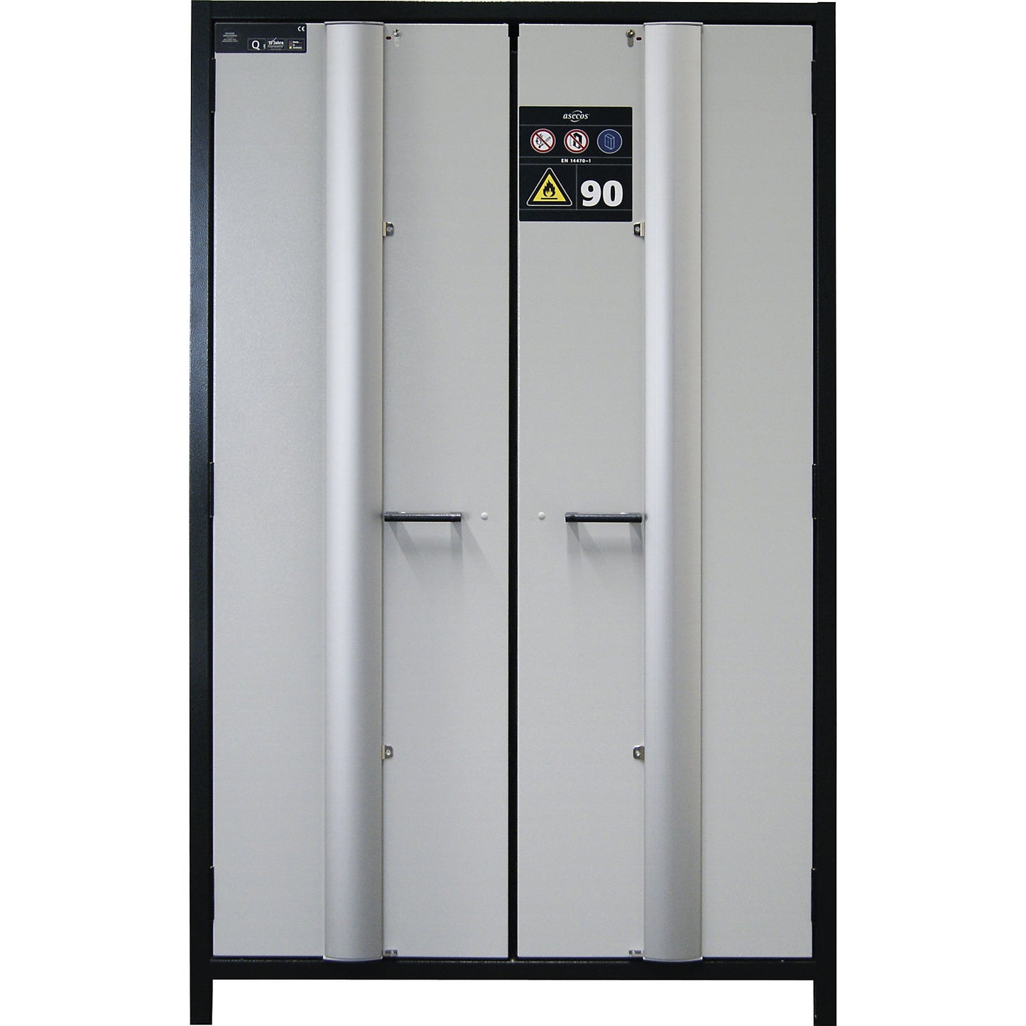 Fire resistant cupboard with folding doors for hazardous goods type 90, with 4 drawers, door colour grey.
