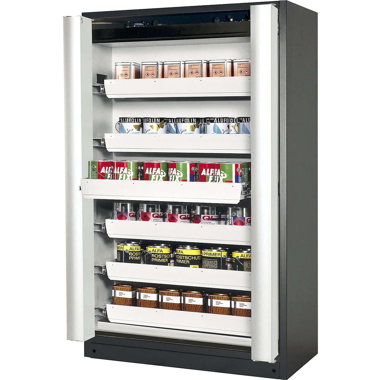 Fire resistant cupboard with folding doors for hazardous goods type 90, with 6 drawers, door colour grey.