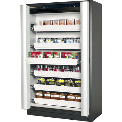 Fire resistant cupboard with folding doors for hazardous goods type 90, with 6 drawers, door colour grey.