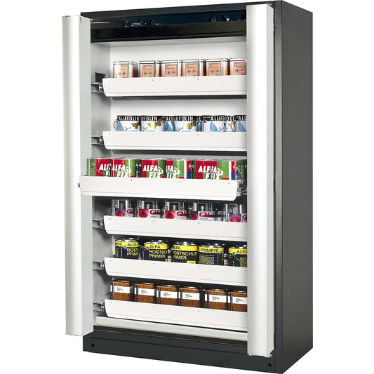 Fire resistant cupboard with folding doors for hazardous goods type 90, with 6 drawers, door colour grey.