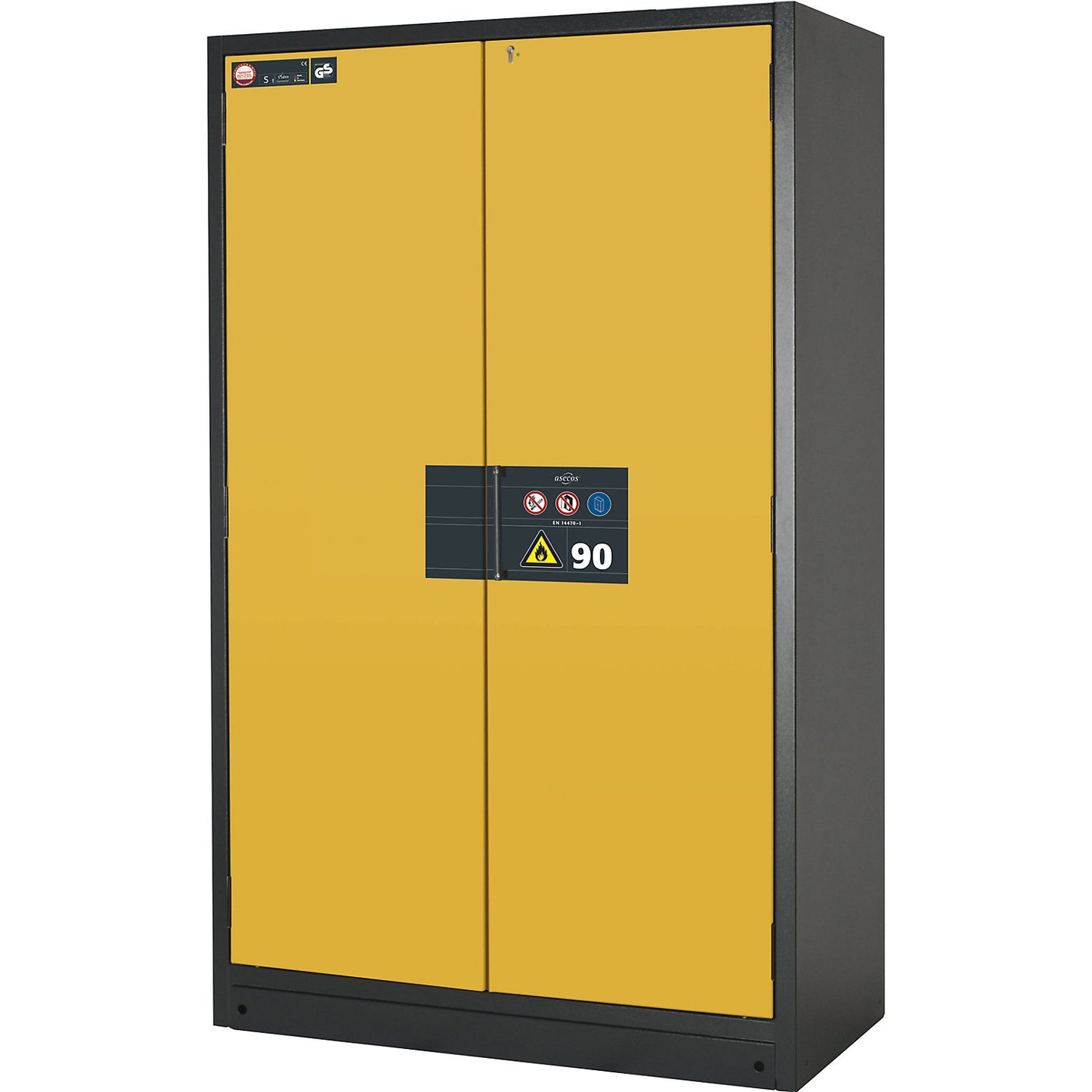 Fire resistant hazardous goods storage cupboard type 90, semi-automatic, with 3 shelves, door colour yellow.