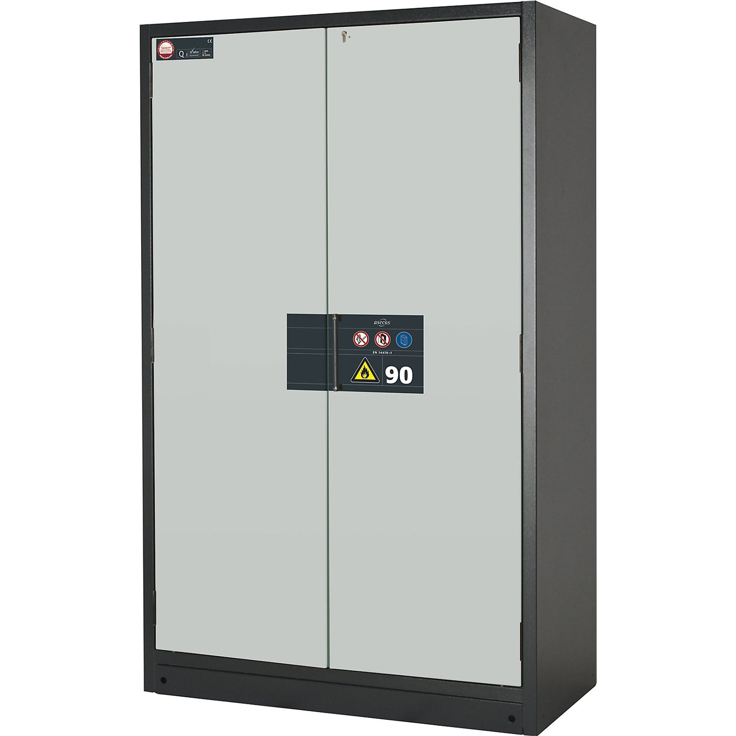 Fire resistant hazardous goods storage cupboard type 90, semi-automatic, with 3 shelves, door colour grey.