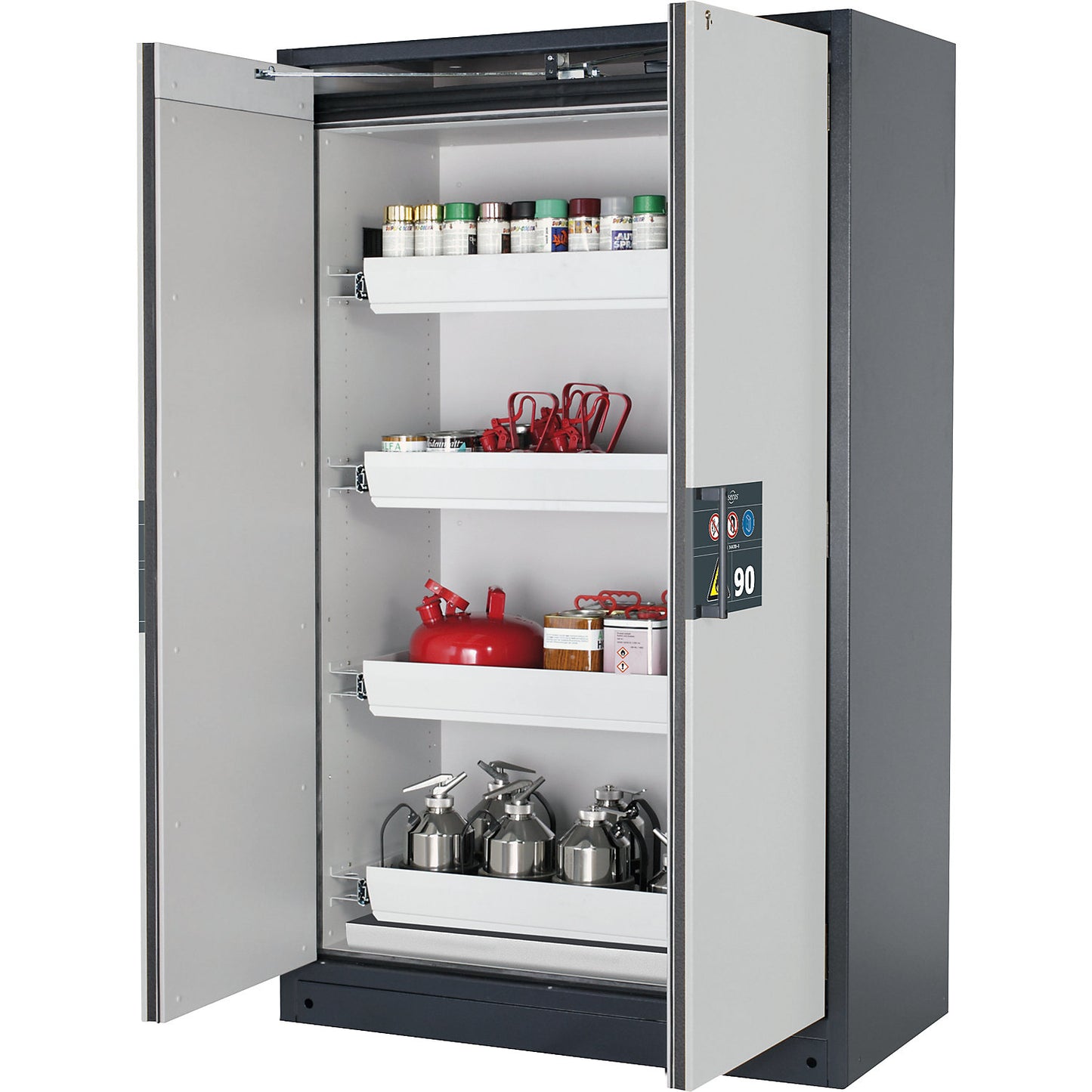 Fire resistant hazardous goods storage cupboard type 90, semi-automatic, with 4 drawers, door colour grey.