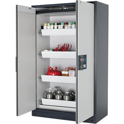 Fire resistant hazardous goods storage cupboard type 90, semi-automatic, with 4 drawers, door colour grey.