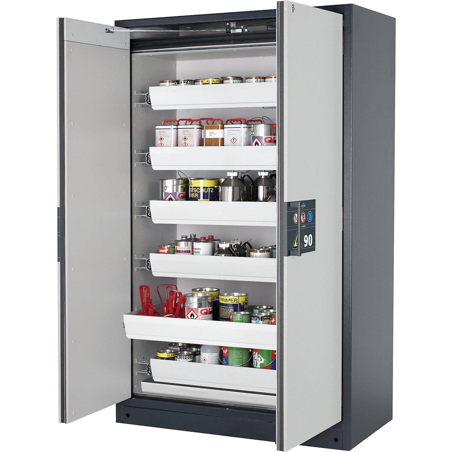 Fire resistant hazardous goods storage cupboard type 90, semi-automatic, with 6 drawers, door colour grey.