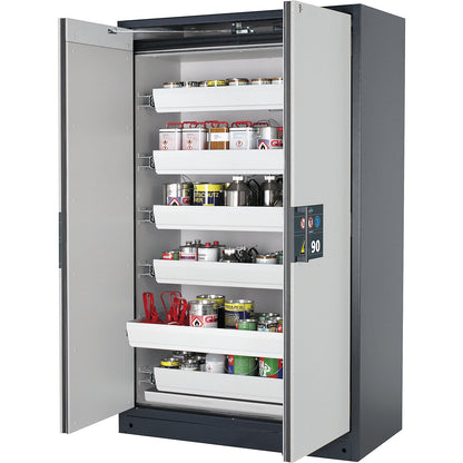 Fire resistant hazardous goods storage cupboard type 90, semi-automatic, with 6 drawers, door colour grey.