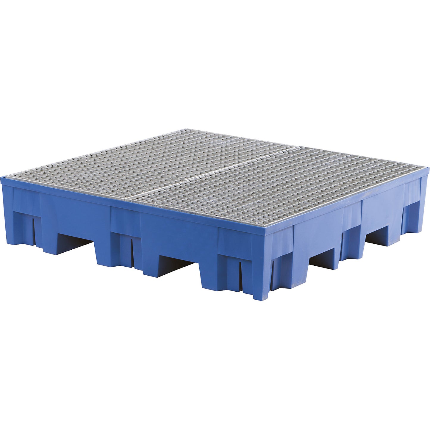 PE drum sump for 4 x 200 l drums, LxW 1235 x 1235 mm, sump capacity 255 l, with zinc plated steel grate.
