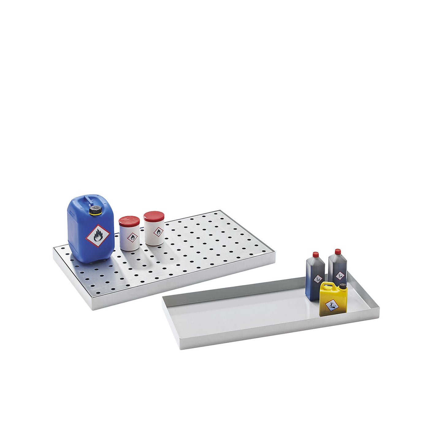Steel sump tray for small containers, LxWxH 940 x 370 x 60 mm, with certification, sump capacity 20 l, zinc plated.