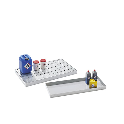 Steel sump tray for small containers, LxWxH 940 x 370 x 60 mm, with certification, sump capacity 20 l, zinc plated.